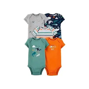 Romper Lengan Pendek 5 Buah/Set, Bodysuit Katun Lengan Pendek, Piyama Onesie untuk Bayi Baru Lahir