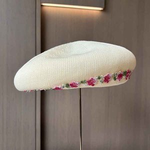 Fufan printemps/été mince doux brodé petite fleur béret pour les femmes avec tout tricoté peintre Bud chapeau pour montrer <span class=keywords><strong>petit</strong></span> visage - Product Image 1