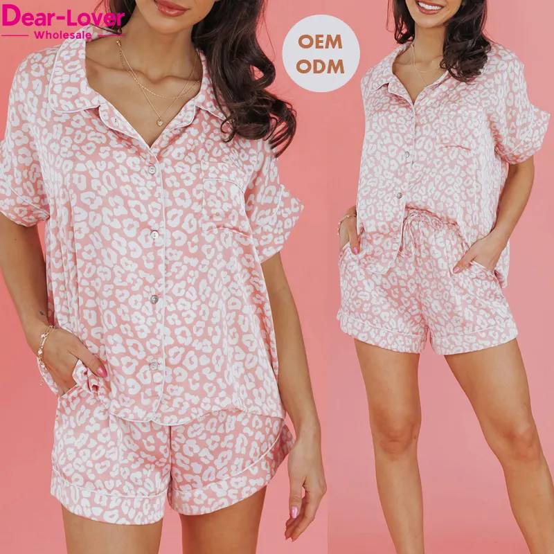 Dear-Lover OEM ODM Private Label Wholesale Bulk Custom Logo Lounge Wear Sets Women Ladies Leopard 2pcs Satin Pajamas