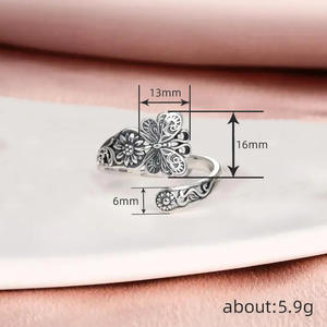 T0611 Anillo de plata con flor, estilo vintage, joyería de moda unisex, regalo para ella o él - Product Image 4