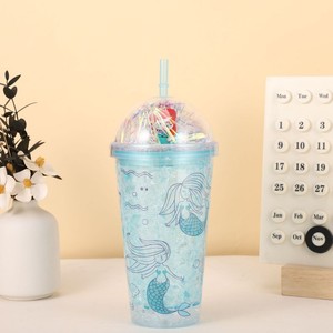 450ml Ocean Style Mermaid Pattern <b>Plastic</b> Tumbler Double Wall Design with <b>Straw</b> Iridescent Tinsel Dome Lid Cute Cartoon Mermaid - Product Image 3