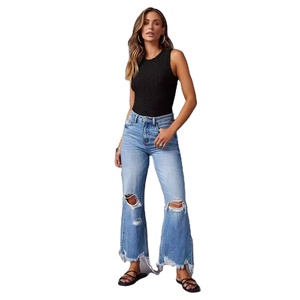 Novedad transfronteriza: Jeans de mujer de pierna ancha, con borlas, lavado tie-dye, rasgados, de cintura alta, de pierna recta, pantalones largos de mezclilla casuales - Product Image 1