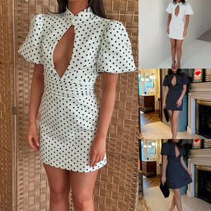 Nuevo Vestido Mini Estampado de Lunares de Verano para Mujer con Cuello Alto, Manga Abullonada y Diseño Hueco en la Cadera, Ideal para el Día a Día y Actividades al Aire Libre - Product Image 3