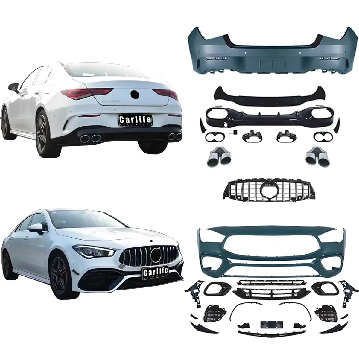 Car bumpers for Mercedes Benz W118 CLA 2019-2024 year facelift CLA45 model with bumpers grilles rear diffuser pipes