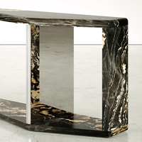 Table console géométrique en marbre poli veiné foncé avec support en acier inoxydable pour l'entrée – Meuble de décoration pour la maison de rêve
