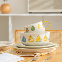 Service de vaisselle en céramique original, mignon, à thème poire et chiot, bols, assiettes, tasses - compatible micro-ondes