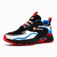 Baskets Chunky Structurées Multi-Couches en Maille Noire avec Panneau en PU Blanc, Contour Vague Bleu, Semelle Rouge, à Lacets, Chaussures de Sport Décontractées