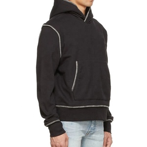 Tinh Khiết Bông Người Đàn Ông Hoodies Áo Thun Pháp Terry Tương Phản Khâu Trong Trắng Sườn Còng Hem Tùy Chỉnh Mens Hoodies Đen - Product Image 2