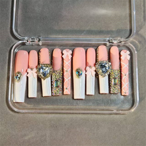 Uñas postizas cuadradas hechas a mano, uñas postizas largas tipo ataúd con diamantes de imitación, lazo de mariposa, punta francesa, uñas postizas reutilizables - Product Image 4