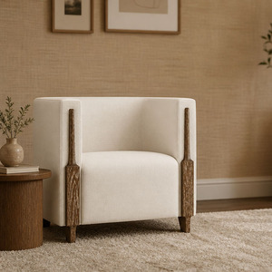 Fauteuil de détente en lin de qualité supérieure avec accents en bois cerisé, fauteuil moderne pour salon, fauteuil design contemporain. - Product Image 2