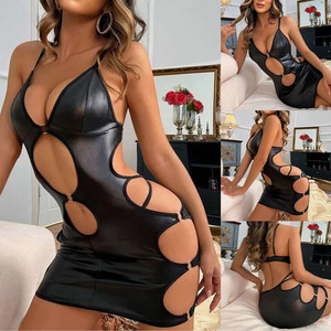 Europa Markt Sexy Leder Dessous Sexy Schwarz Lack leder Hängender Hals Hohl Kurzer Rock Für Frauen Dessous - Product Image 2