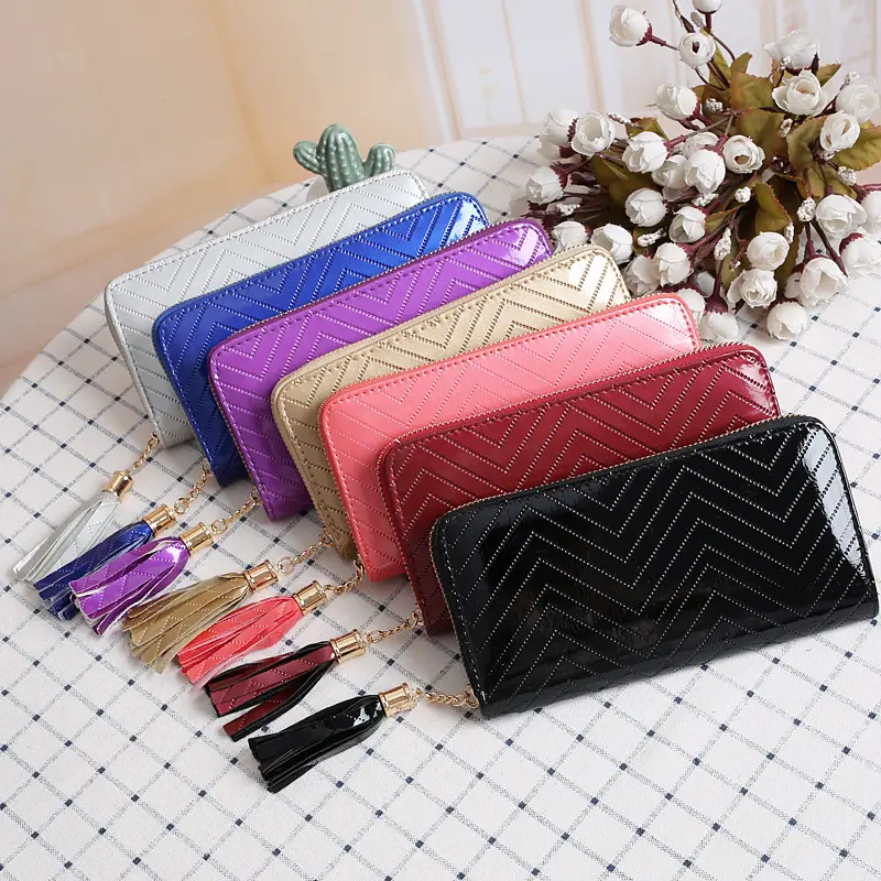 Wholesale PU purse women clutch bag zigzag texture fashion women wallet with tassels