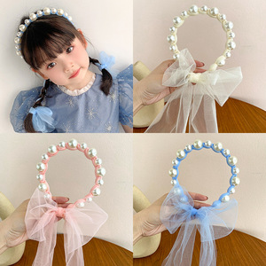 Diadema de cola de caballo de gasa de princesa <span class=keywords><strong>sin</strong></span> <span class=keywords><strong>cabeza</strong></span> de Corea, diadema para el pelo con lazo para niña, diadema de perlas de serpentina para niños - Product Image 3