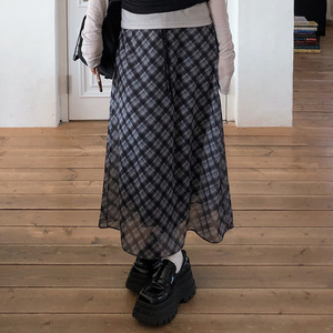 Jupe midi à cordon de serrage à carreaux pour femmes, jupe évasée en mousseline de soie transparente pour un style preppy et scolaire - Product Image 4