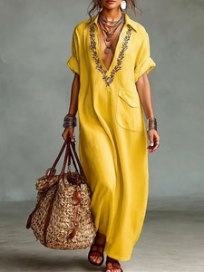 Vestido Maxi para Mujer Maining, Bordado Floral, Cuello en V, Manga Media, Vestido Informal Estilo Boho, Vestido Túnica de Playa con Bolsillo - Product Image 4