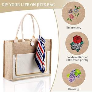 Custom Grocery Shopping Beach Picnic <b>Gifts</b> Multi-Pocket Large Reusable Burlap Canvas Tote <b>Bag</b> With Handles - Product Image 2