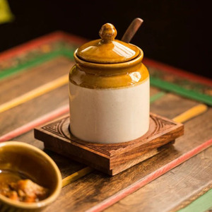 Old Fashioned Ceramic <strong>Pickle</strong> Honey <strong>Jar</strong> With Hand Carved Tray - Product Image 4