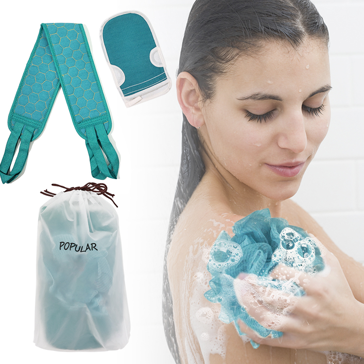 Три штуки губка для душа спонж для ванны люфы очистка тела отшелушивающий скребок для спины длинный пояс для ванны перчатки для ванны подарочный набор