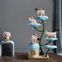 Rak Panjat & Penggaruk Kucing Biru, Furnitur Kucing Bergaya Modern Mewah dari Kayu, Pohon Kucing Bentuk Bunga