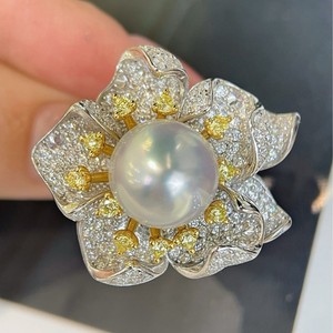 Nuevo Anillo Australiano Blanco de 11-12 mm con Agua de Mar y Exquisito Juego de Flores Perladas con Piedras Preciosas de Plata - Product Image 1