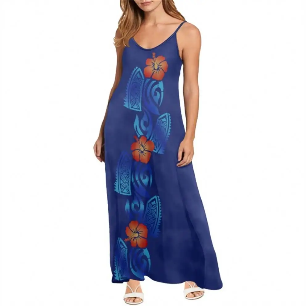فستان حفلات مخصوص للنساء أنيق للسهرات أزرق داكن تصاميم قبلية بولينيزية مقاس كبير فستان طويل كاجوال للفتيات من Oem 2024