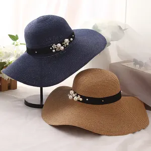 Женская обувь для отдыха с большими полями шляпа Защита складной соломенная шляпа с жемчугом и с заклёпками на плоской подошве красная оптовая продажа летние пляжные шляпы от солнца