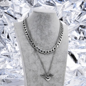 Collares con Diseño de Corazón y Alas de Ángel, Cadena Cubana, Joyería Permanente para Mujer, Cadenas en Capas, Accesorios de Acero Inoxidable - Product Image 4