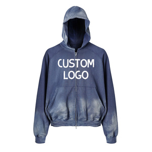 Sudadera con cremallera estilo streetwear vintage, efecto desgastado por el sol, de algodón de alto gramaje, con lavado a la piedra y al ácido, con cremallera, efecto desgastado, apliques y bordados. - Product Image 1
