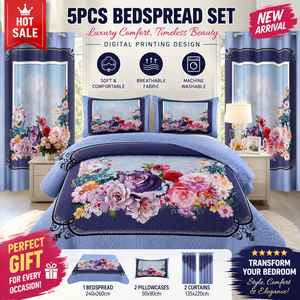 Lot de 5 Pièces : Parure de <span class=keywords><strong>Lit</strong></span> Matelassée Ultrasonique avec Rideaux Assortis, Motif Floral, Taille King Size - Product Image 1