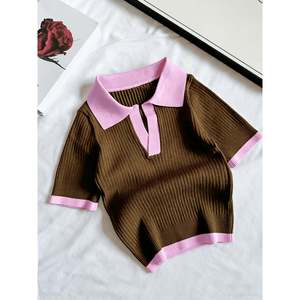 เสื้อสเวตเตอร์แขนสั้นลายซี่โครง เสื้อถักผู้หญิง คอเหลี่ยม สีขาว - Product Image 5