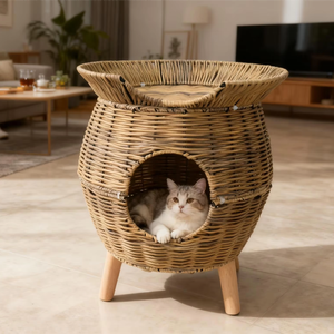 Komfortables Erhöhtes Katzenbett Katzenhaus Bequemes Bett Rattan-Kunsthandwerk Katzenhaus - Product Image 1