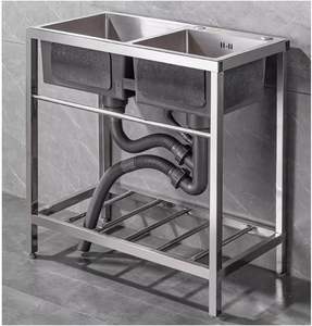 Évier de <span class=keywords><strong>cuisine</strong></span> commercial en acier inoxydable à double bac avec égouttoir, plan de travail intégré et étagère de rangement, lavabos - Product Image 2