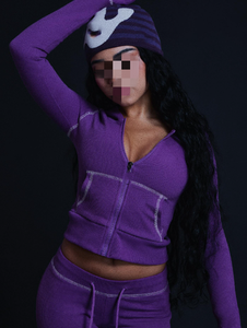 2 parça sıska uzun boylu kız dostu eşofman özel Logo heykel streç Loungewear fermuarlı kapüşonlu eşofman üstü ceket ve pantolon seti kadın - Product Image 2