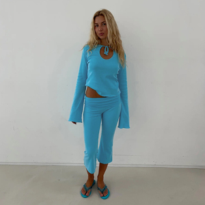 Women's <b>Knit</b> Two Piece <b>Set</b> Tie Front Pleated Cutout Long Sleeve Top Low Rise Flare Pants Breathable Spandex/Polyester Casual - Product Image 4