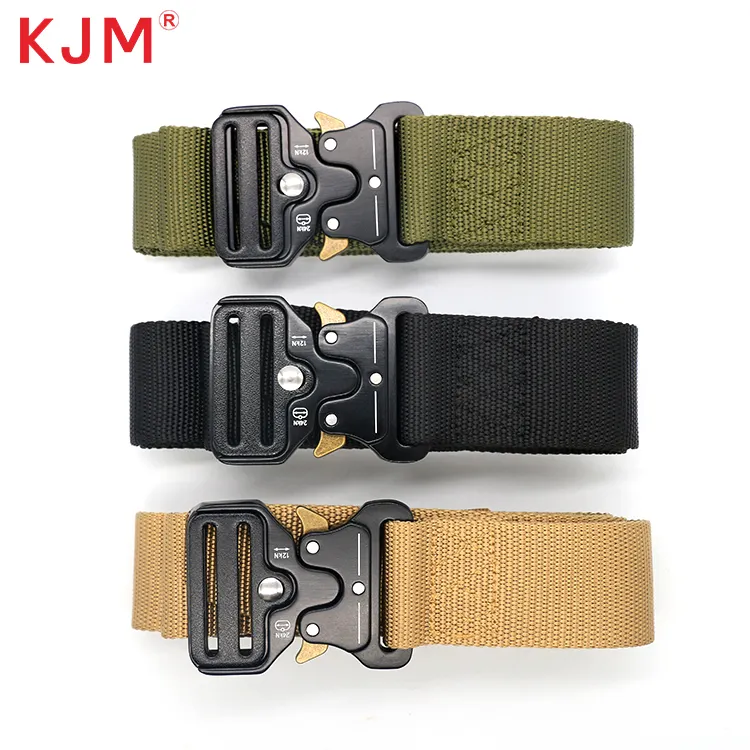 KJM segurança ao ar livre lona webbing nylon tecido preto poliéster pesados zinco liga fivela homens cintura cinto tático