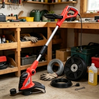 L&P 230V 450W 10000 tr/min 28cm 1.4mm Tondeuse à gazon électrique à double ligne avec alimentation automatique par poussée, télescopique, 106-126cm, rouleau de bordure rotatif à 180°
