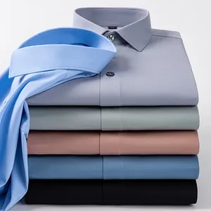 Camicie da <span class=keywords><strong>uomo</strong></span> con elastico modale a manica lunga abito formale da ufficio traspirante bianco <span class=keywords><strong>nero</strong></span> senza rughe tinto in filo per la stagione autunnale - Product Image 1
