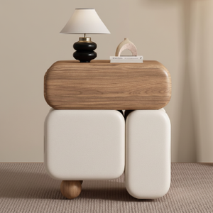 Mesita de noche moderna modular de dos tonos con tapa de madera redondeada y unidades de almacenamiento blancas curvas disponibles a precios al por mayor - Product Image 1