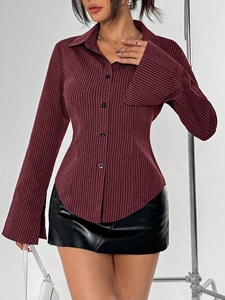 Custom Print European Size Lapel Button Cardigan <strong>Long</strong> <strong>Sleeve</strong> <strong>Shirt</strong> <strong>Women</strong> Slim Fit Versatile Striped Woven <strong>Polo</strong> <strong>Shirts</strong> - Product Image 2