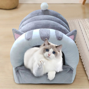 Cama para gatos de dibujos animados, gris, suave, completamente cerrada, con cubierta para gatos, manta cálida de invierno para mascotas. - Product Image 3