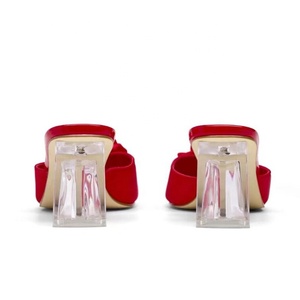 Sandalias de seda con flores para mujer, de punta cuadrada abierta, con tacones gruesos de cristal, cómodas mules de vestir - Product Image 3