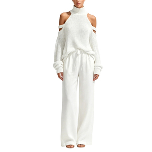 <span class=keywords><strong>Ensemble</strong></span> décontracté 2 pièces pour <span class=keywords><strong>femme</strong></span> : pull en maille à épaules dénudées et <span class=keywords><strong>pantalon</strong></span> large à cordon Sehe Fashion - Product Image 2