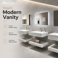 Meuble de salle de bain mural moderne de luxe à deux niveaux avec lavabo en pierre artificielle et miroir LED