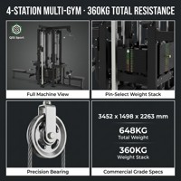 Machine de musculation multifonctionnelle 4 stations avec pile de poids 360 kg, crossover à câbles commercial et lat pulldown OEM