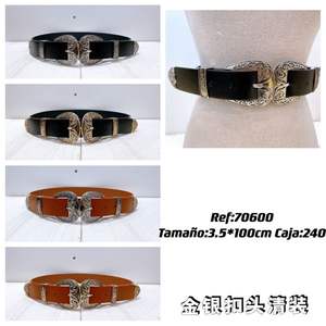 Ceinture en cuir véritable 3,5 cm x 100 cm avec boucle plaquée argent, style western, accessoire de mode décontracté pour hommes et femmes - Product Image 3