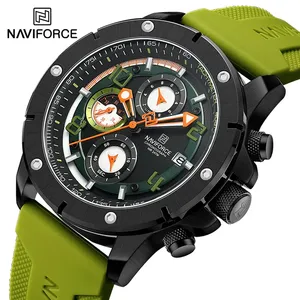 NAVIFORCE jam tangan olahraga pria, arloji silikon merah konograf Quartz 8034 BBR mewah kecil tiga jarum bercahaya