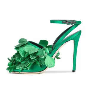 Women's Green Clustered Leaf Sandals Famous Designer Open-toed Sandals Fashion Summer Cross-strap Sandals