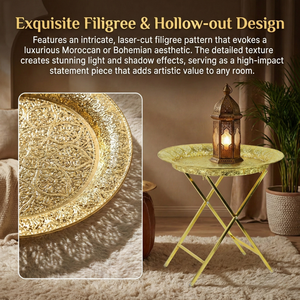 Tavolino da Caffè in Metallo Placcato Oro Stile <span class=keywords><strong>Marocchino</strong></span> KD Design, Utile Tavolino Laterale per Decorazione Casa, Tavolino Pieghevole in Metallo Dorato - Product Image 3