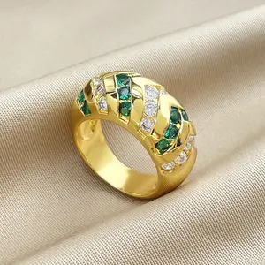 2024 Ice Emerald chunky croissant CZ gold plated ring,waterproof unisex Brazil Mexico style cubic zirconia fashion finger rings