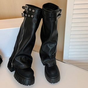 Botas Altas de Plataforma de Cuero Genuino, Estilo Retro Casual, Cómodas, con Tacón Grueso, Color Sólido, Desmontables, de Caña Larga y Corta - Product Image 3